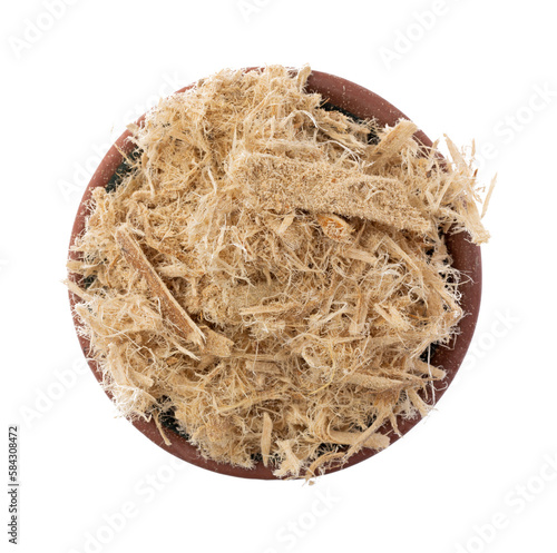 Small bowl filled with shredded slippery elm bark on a white background top view.