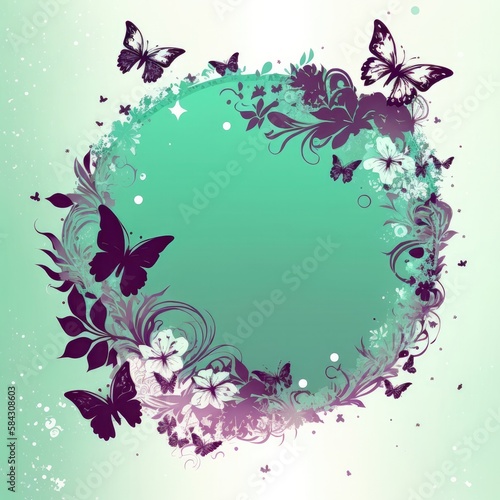 Green Soft Mauve Background Glitter Silhouettes Flowers Butterflies Square Card.. Generative AI