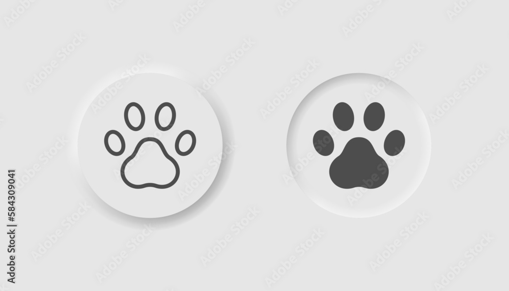 Paw icon in neumorphism style. Icons for business, white UI, UX. Pet store symbol. Pet, animal, cat, dog. Neumorphic style. Vector illustration. Paw icon in neumorphism style. Icons for business, white UI, UX. Pet store symbol. Pet, animal, cat, dog. Neumorphic style. Vector illustration.