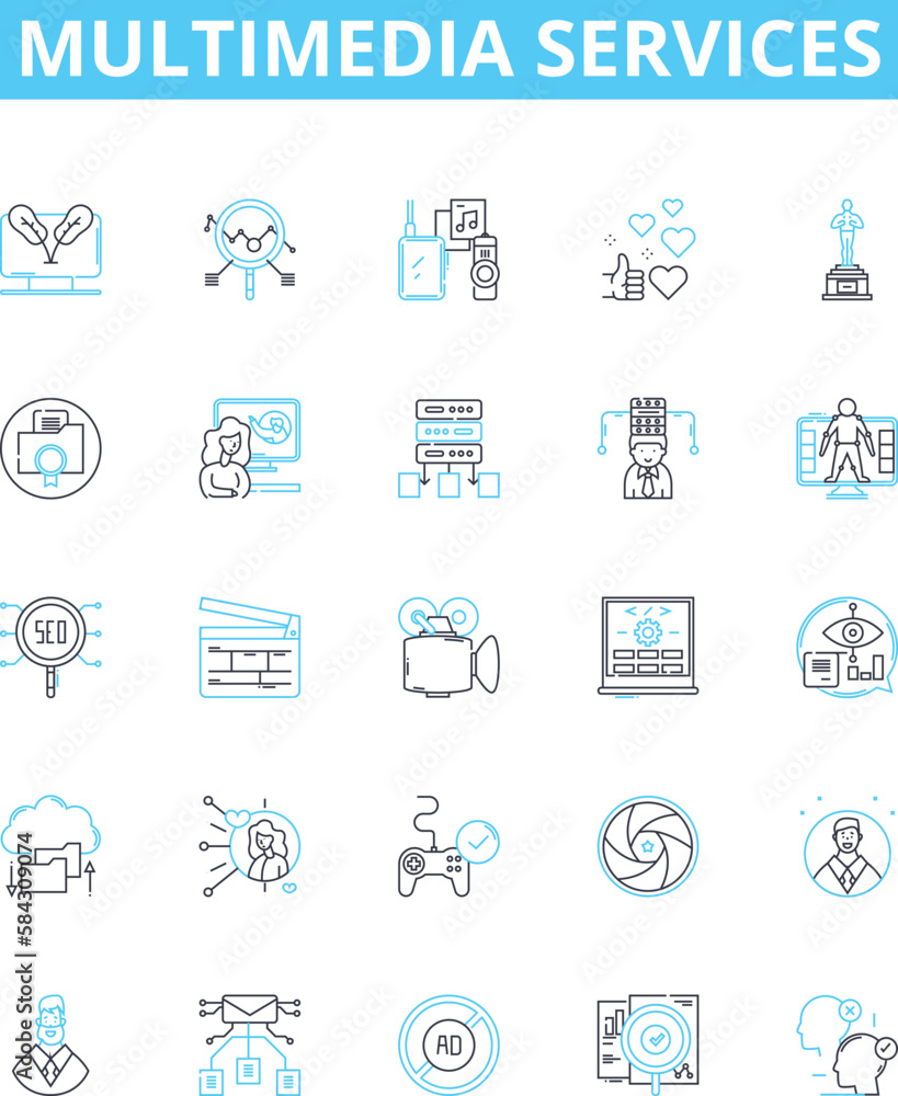 multimedia services vector line icons set. Multimedia, Services, Audio, Video, Animation, Messaging, Streaming illustration outline concept symbols and signs multimedia services vector line icons set. Multimedia, Services, Audio, Video, Animation, Messaging, Streaming illustration outline concept symbols and signs