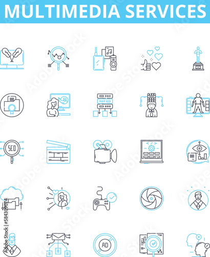 multimedia services vector line icons set. Multimedia, Services, Audio, Video, Animation, Messaging, Streaming illustration outline concept symbols and signs
