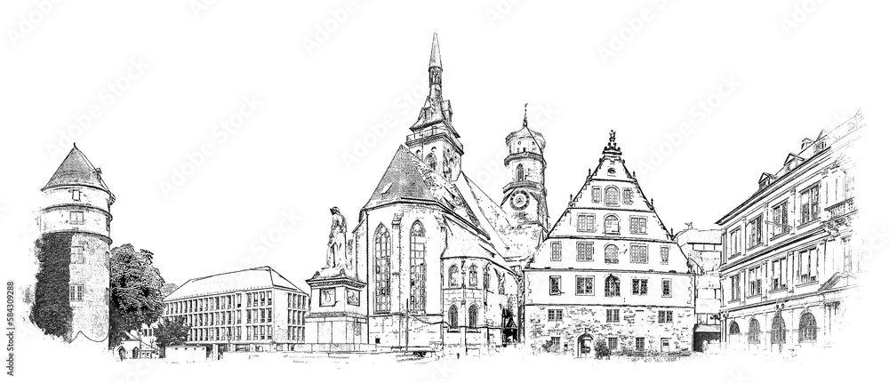 Schillerplatz is a square in the center of Stuttgart, Germany. It was created in its current form in honor of Friedrich Schiller, ink sketch illustration.