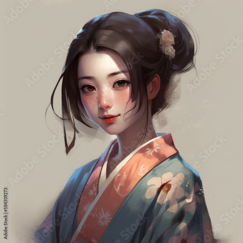 着物姿で微笑む美しい女性のイラスト（Illustration of a beautiful woman smiling in a kimono） - Generative AI 