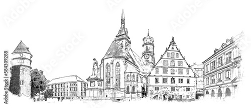 Schillerplatz is a square in the center of Stuttgart, Germany. It was created in its current form in honor of Friedrich Schiller, ink sketch illustration. photo