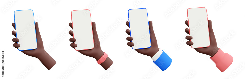 Hand holding mobile phone 3d render illustration set - african human ...