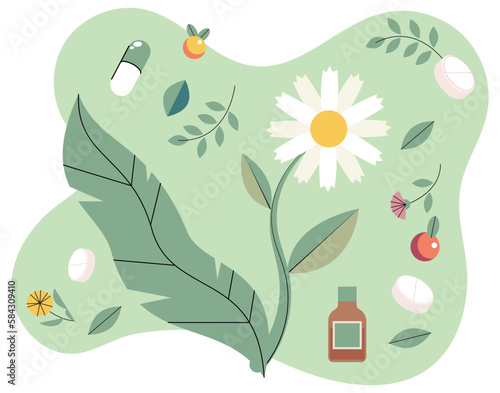 Homeopathic pills. Alternative herbs medicine. Natural treatment and phytotherapy concept. Herbal tablet. Phyto capsules against background of leaves and green plants. Natural product medication