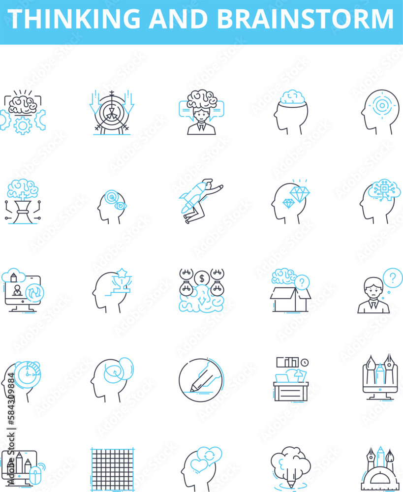 Thinking and brainstorm vector line icons set. Ideation, Brainstorming, Ponder, Conceptualize, Consider, Analyse, Cogitate illustration outline concept symbols and signs