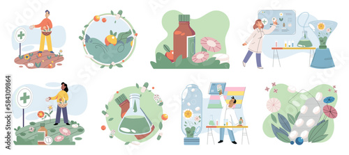 Naturophapy and traditional medicine, natural herbal medicines and tablets of medicinal plant extracts, doctors with herbs, plants, laboratory equipment and healing products, homeopathy scenes set