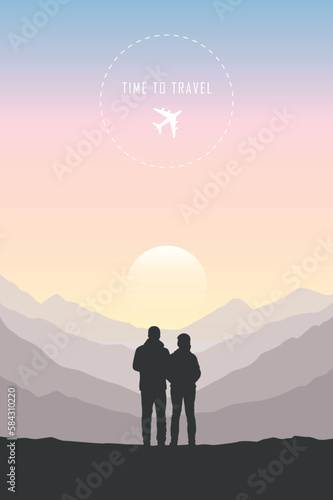 time to travel couple on mountain landscape at sunset