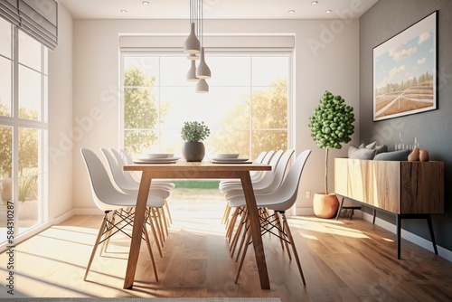 Modern Dining Room Interior, Minimalist Design, Stylish Decor, Generative AI
