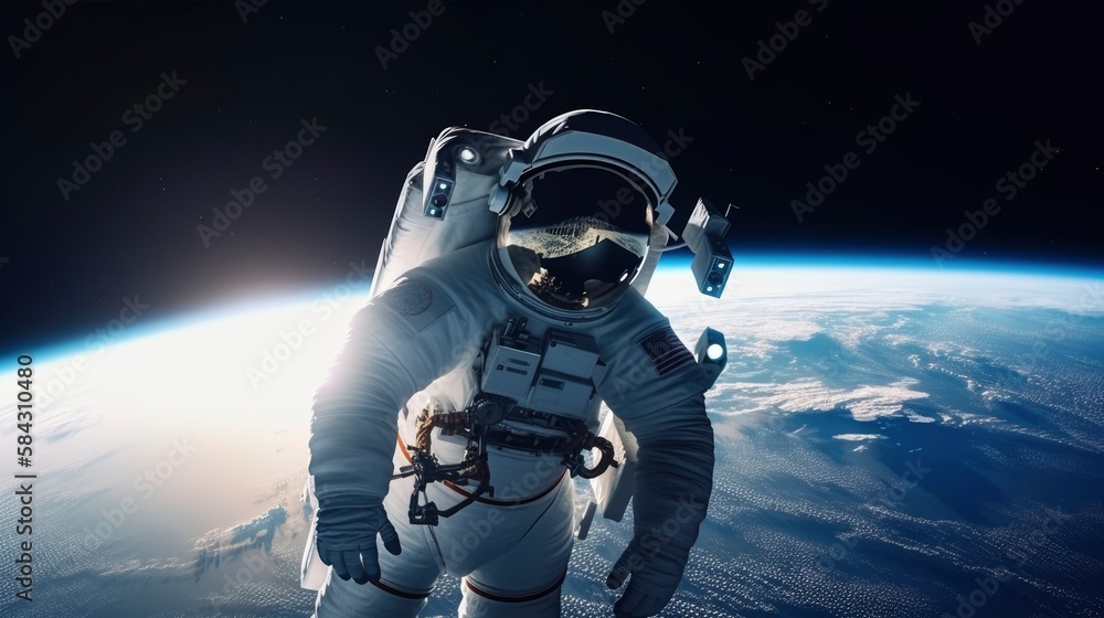 astronaut in space, earth at background soft blur blue marble, person ...