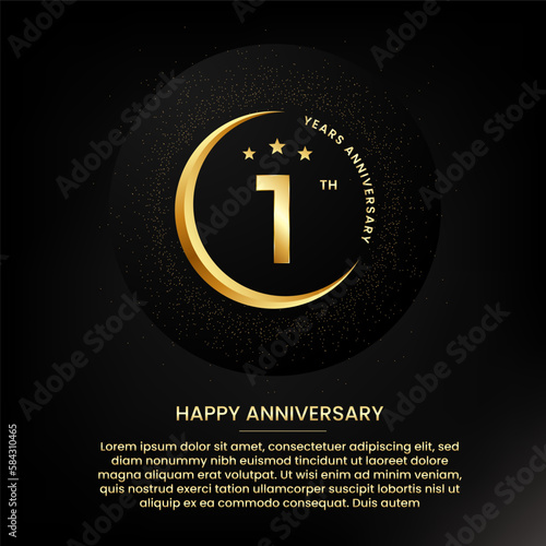 1 year anniversary with a half moon, stars, glitter and editable speech text. Golden half moon anniversary banner template with a golden number