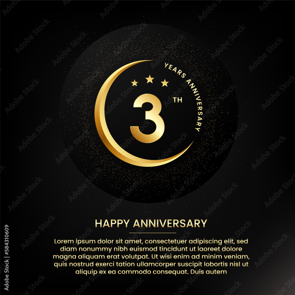 Naklejka premium 3 years anniversary with a half moon, stars, glitter and editable speech text. Golden half moon anniversary banner template with a golden number