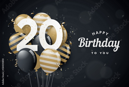 Happy 20th birthday balloons greeting card black background. 20 years anniversary. 20th celebrating with confetti. Vector stock	
