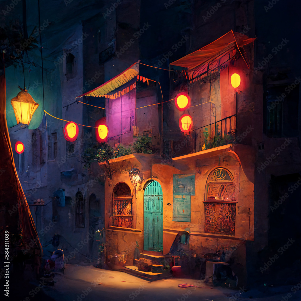 Oil paint Egypt during the month of Ramadan at night