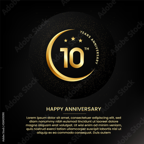 10 years anniversary with a half moon, stars, glitter and editable speech text. Golden half moon anniversary banner template with a golden number