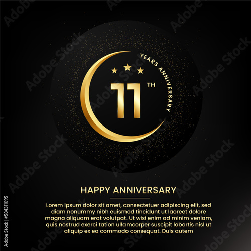 11 years anniversary with a half moon, stars, glitter and editable speech text. Golden half moon anniversary banner template with a golden number
