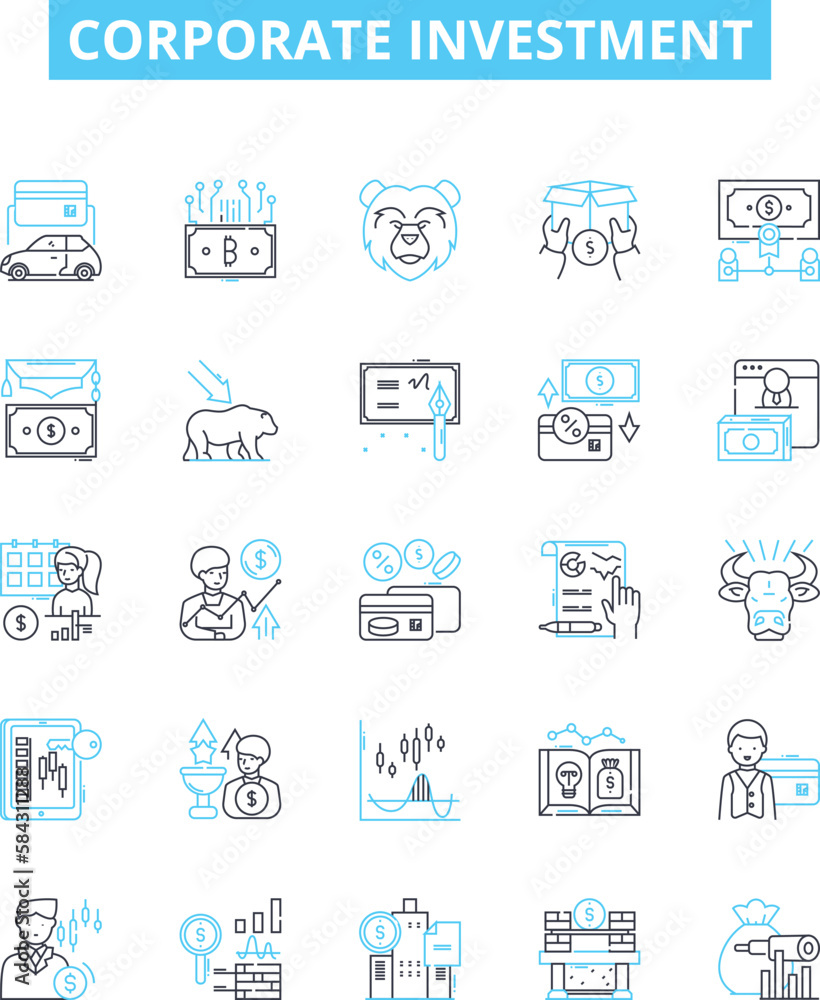 Corporate investment vector line icons set. Corporate, Investment, Funds, Equity, Business, Portfolio, Mergers illustration outline concept symbols and signs