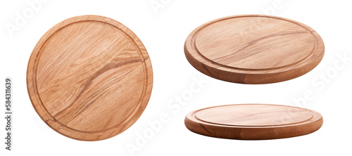 Top view and perspective of empty wood plate on white background