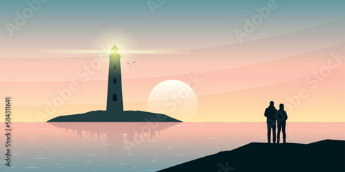 lovely couple on lighthouse seascape with mountain view at sunset