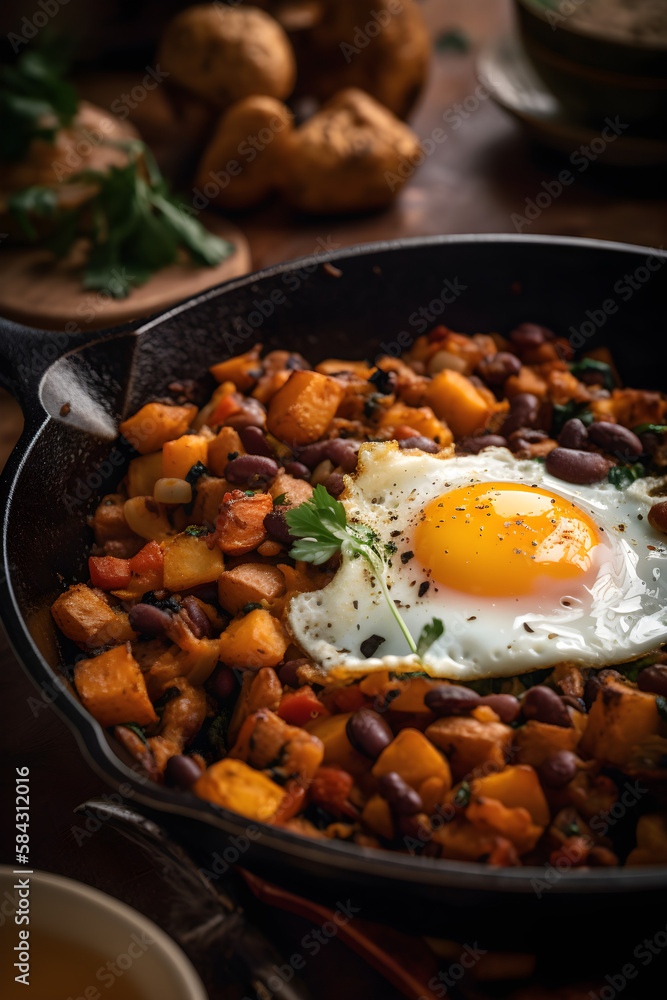 Traditional American hash with fried eggs. (generative ai) Traditional American hash with fried eggs. (generative ai)