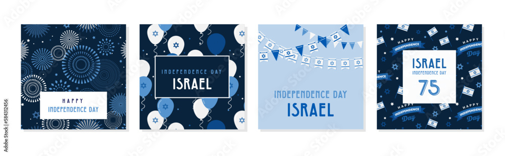 Israel independence day design template for cards, poster, invitation, website. National day of Israel with flag, balloons and fireworks. Happy Independence Day in Hebrew Israel independence day design template for cards, poster, invitation, website. National day of Israel with flag, balloons and fireworks. Happy Independence Day in Hebrew