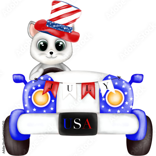 4th of July Independence day pickup truck with baby kitten. Watercolor illustration,American Independence Day, 4th of July holiday clipart design. © Kisby 