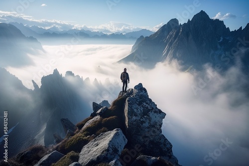 Rock Climber on Annapurna, Panoramic Views, Triumph of Courage, Generative AI