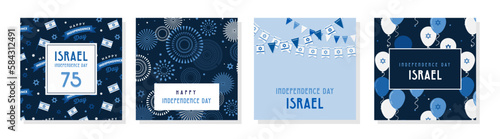 Israel independence day design template for cards, poster, invitation, website. 75 celebration , National day of Israel. flag, balloons and fireworks.