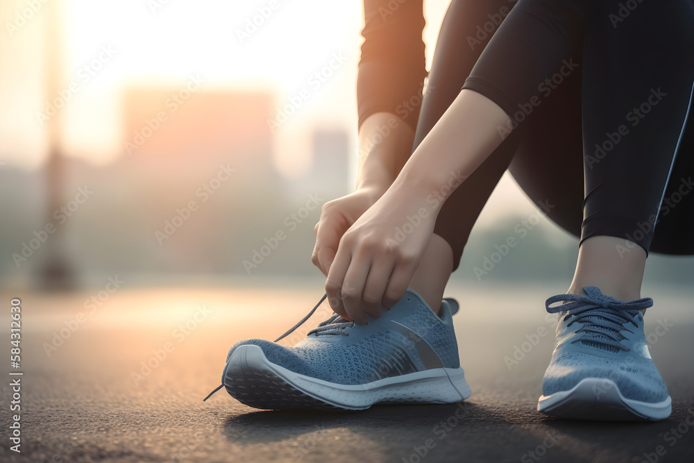 girl runner sat down to tie shoelaces in blue sneakers for running, the road is in the background. Generative AI