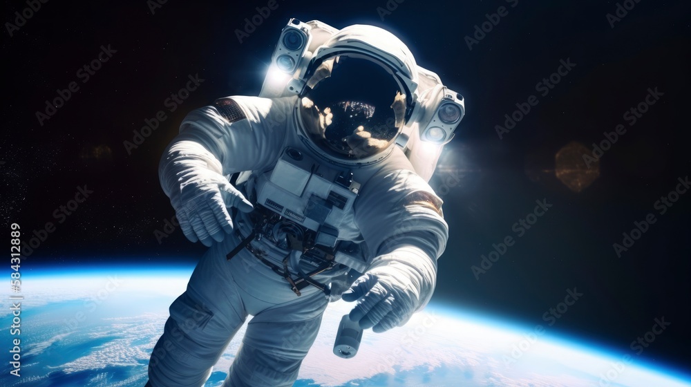 astronaut in space, earth at background soft blur blue marble, person in spacesuit, generative ai