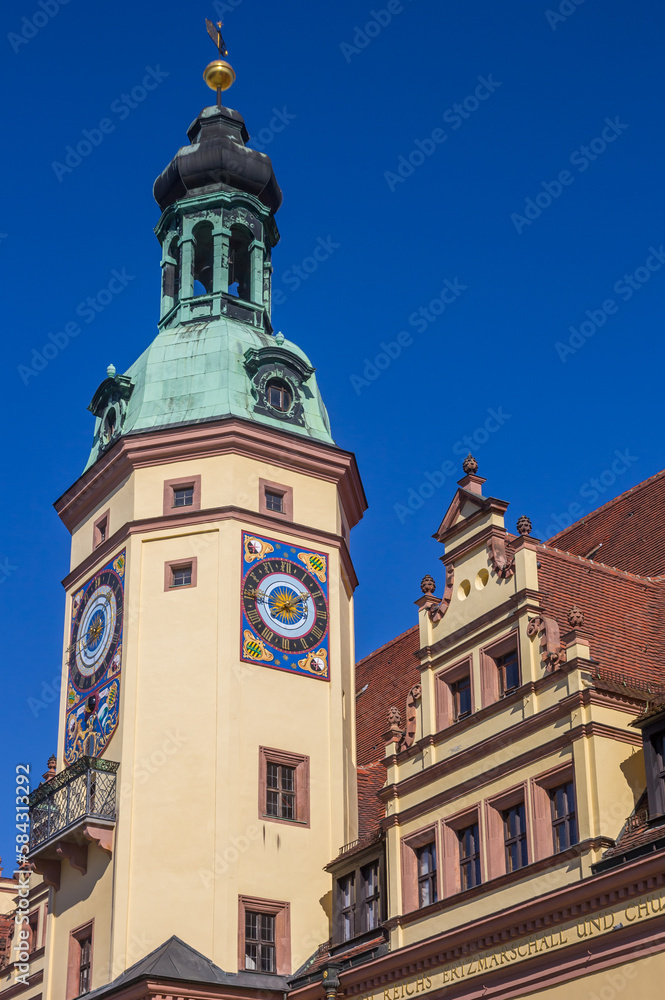Tower of the historic Old Town Hall building in Leipzig, Germany