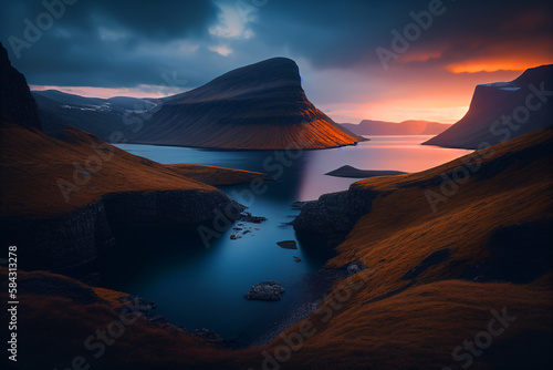 Faroe Islands at dawn. North Atlantic islands of the Kingdom of Denmark. Faroese Danish islands. Travel on archipelago mountains island. Epic weekend in Faroe Islands. Fantastic landscape. AI Generate