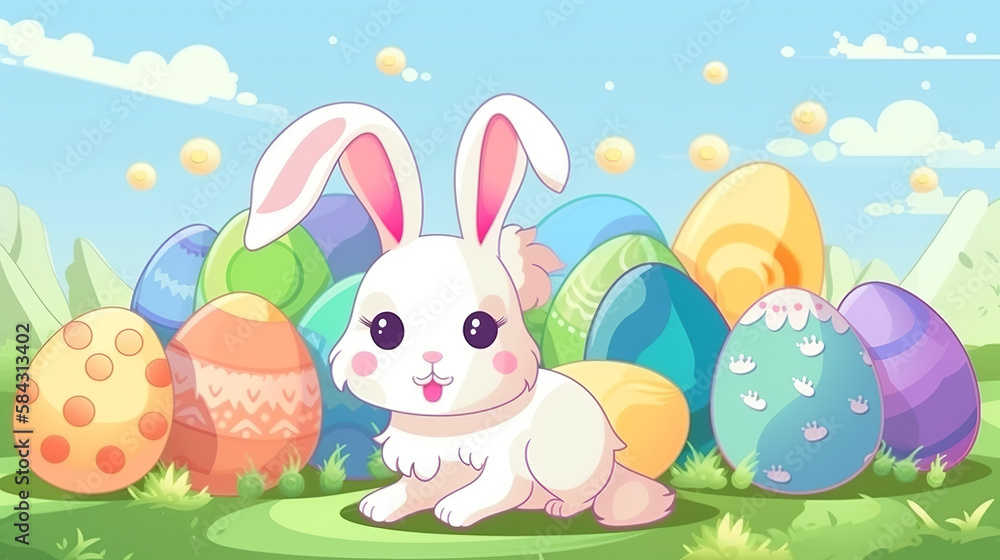 Happy and cute bunny with many easter eggs, Generative AI Happy and cute bunny with many easter eggs, Generative AI