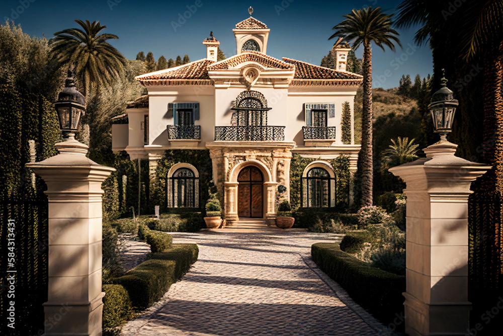 Luxury Villa exterior with green garden and palm trees. Luxury home in Spain. Tropical Villa Resort, Spanish Real Estate in Sierra Blanca, Marbella. Luxurious residence on Mediterranean. Ai Generative