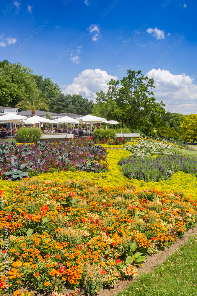 Fototapeta premium Flowers and plants in front of the restaurant in the Westfalen park of Dortmund, Germany
