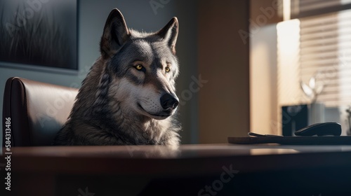portrait of a wolf wearing business suit outfit sitting at desk at work work, generative ai, abstract elegant business talk 