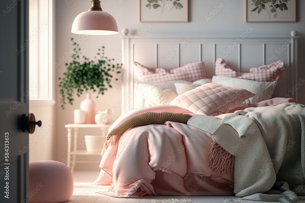 Light, cute and cozy home bedroom interior with unmade bed, pink plaid ...