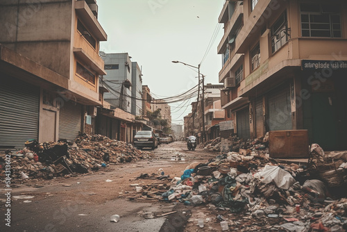Pile of garbage on city street. Landfill in city near buildings. Garbage dump in town streets. City after apocalypse, destroyed houses and building. Trash on streets, heaps of garbage. Ai Generative