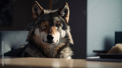 portrait of a wolf wearing business suit outfit sitting at desk at work work, generative ai, abstract elegant business talk 