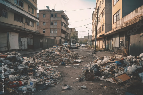 Pile of garbage on city street. Landfill in city near buildings. Garbage dump in town streets. City after apocalypse, destroyed houses and building. Trash on streets, heaps of garbage. Ai Generative