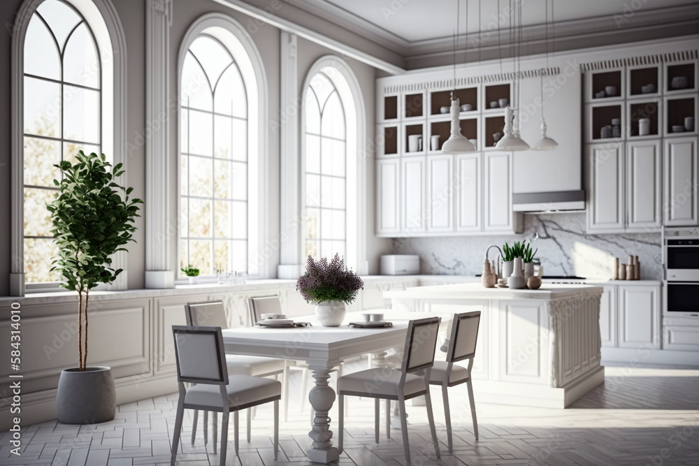 Luxurious interior design of white kitchen, dining room with windows