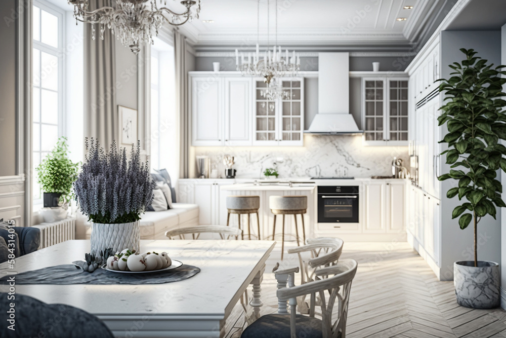 Luxurious interior design of white kitchen, dining room with windows ...