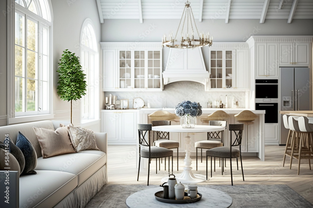 Luxurious interior design of white kitchen, dining room with windows