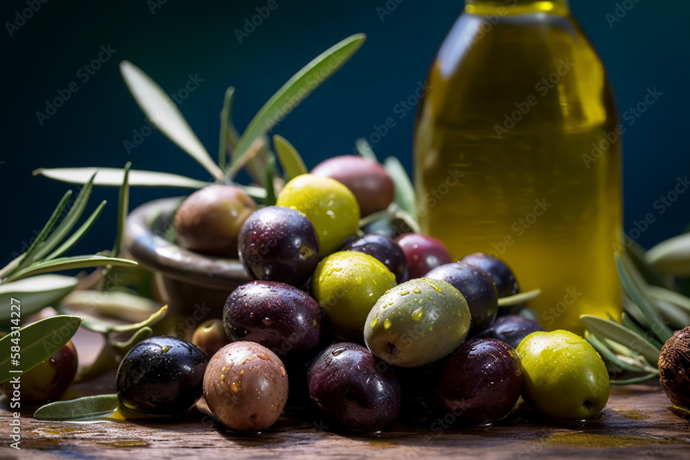 Olive Oil Production and Extraction Process. Olive Harvest. Harvesting olives on a plantation. Green olives produce, extra virgin olive oil, Ai generative illustration.. Olive Oil Production and Extraction Process. Olive Harvest. Harvesting olives on a plantation. Green olives produce, extra virgin olive oil, Ai generative illustration..