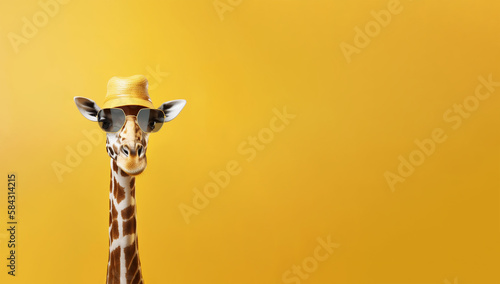 giraffe with straw hut, yellow background. Created with Generative AI © agrus_aiart