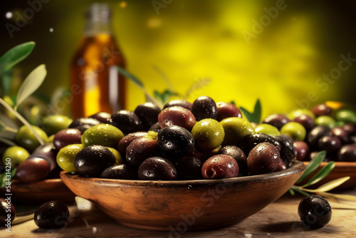 Olive Oil Production and Extraction Process. Olive Harvest. Harvesting olives on a plantation. Green olives produce, extra virgin olive oil, Ai generative illustration..