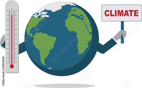 illustration vectorielle représentant la planète terre tenant dans ses mains un thermomètre et une pancarte avec l'inscription climat photo