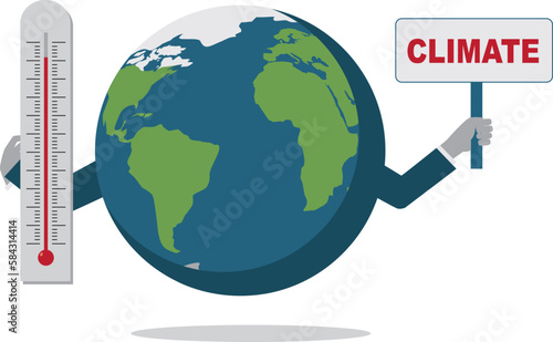 illustration vectorielle représentant la planète terre tenant dans ses mains un thermomètre et une pancarte avec l'inscription climat