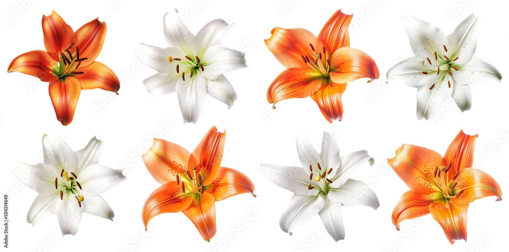 set of isolated white and orange colored lilies flowers. Created with Generative AI